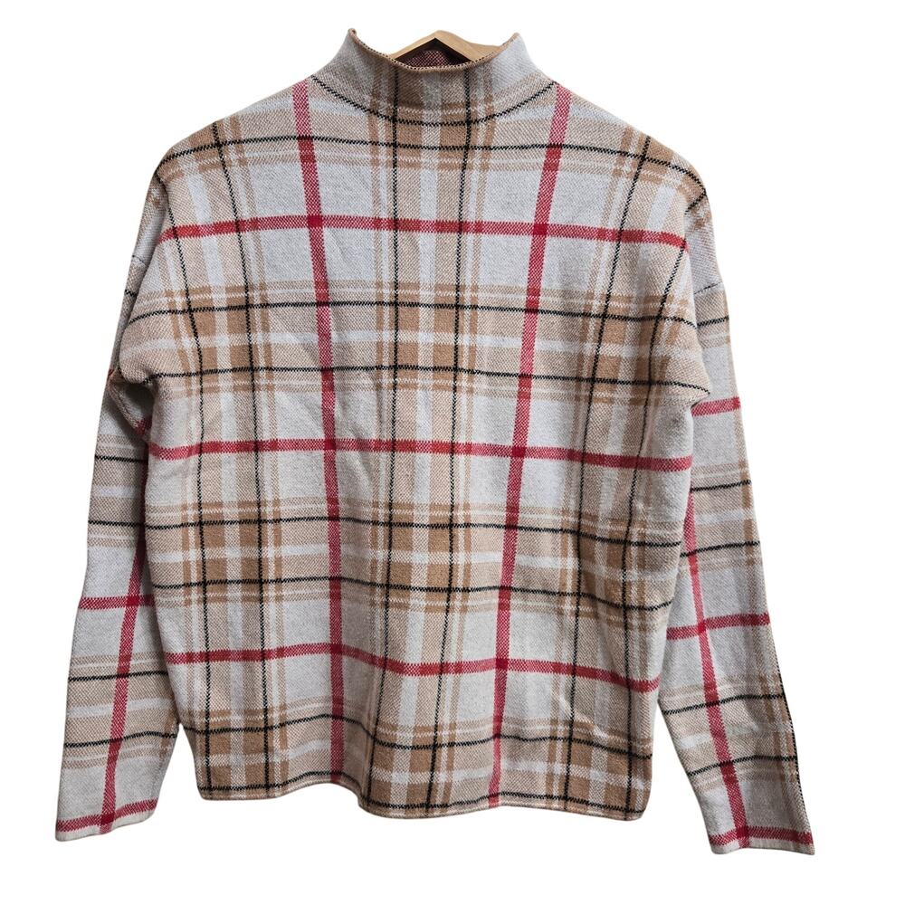 Tahari Women Prep Classic Old Money Tartan Plaid Check Mock Neck Knit Sweater L